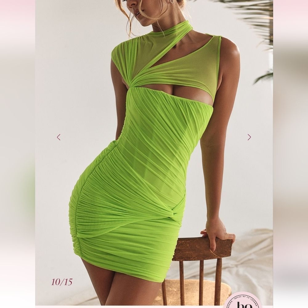 House Of CB Adrie neon green‎ gathered mini dress Size L